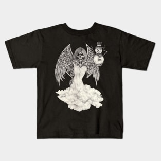 Fantasy surreal skull angel with snowman. Kids T-Shirt